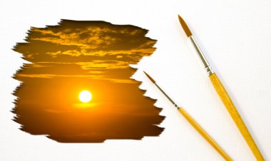 Artist Brush Painting Picture of Sunset. clipart