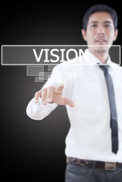 Homme d'affaires poussant mot Vision sur une interface à écran tactile . — Photo