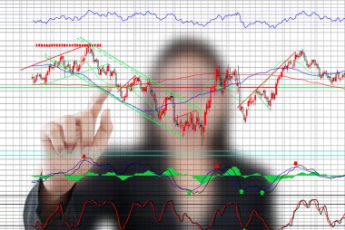 iş kadını beyaz tahta üzerinde ekonomi grafik ticaret hisse senedi için bastırıyor.