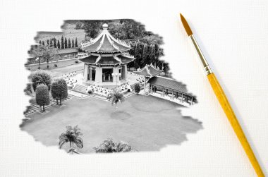 Artist Brush Painting Picture of Chinese temple. clipart