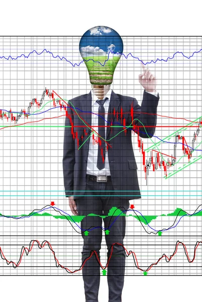 Geschäftsmann schiebt Finanzdiagramm für den Handel Börse auf dem Whiteboard. — Stockfoto