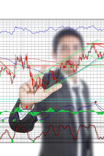 ビジネスマン、ホワイト ボードに貿易株式市場の財務グラフを押す. — ストック写真