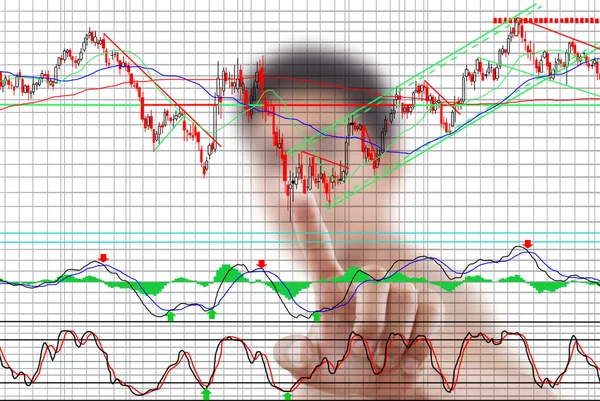 Empresário empurrando gráfico financeiro para o mercado de ações de comércio no quadro branco . — Fotografia de Stock
