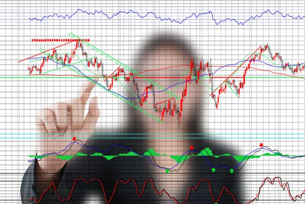 Senhora de negócios empurrando gráfico financeiro para o mercado de ações de comércio no quadro branco . — Fotografia de Stock