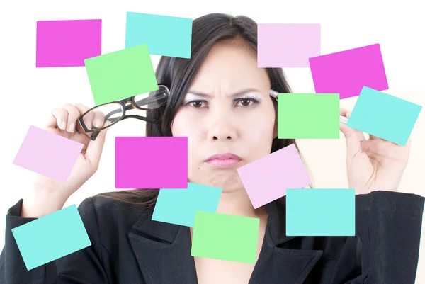 stock image Business lady thinking with sticky note.