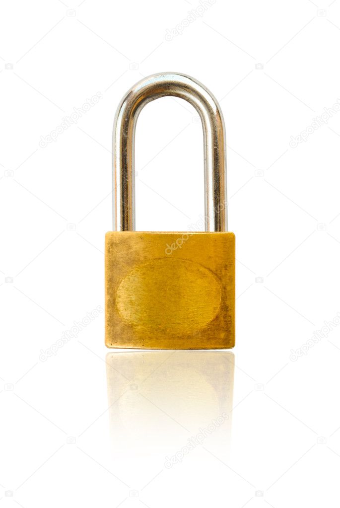 Gold padlock isolated on the white with Shadow.