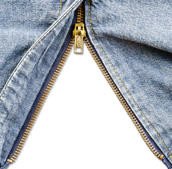 Крупный план молнии в синих джинсах . — стоковое фото