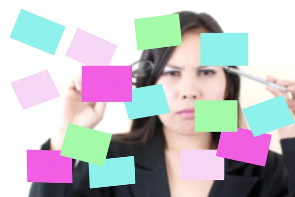 stock image Business lady thinking with sticky note.