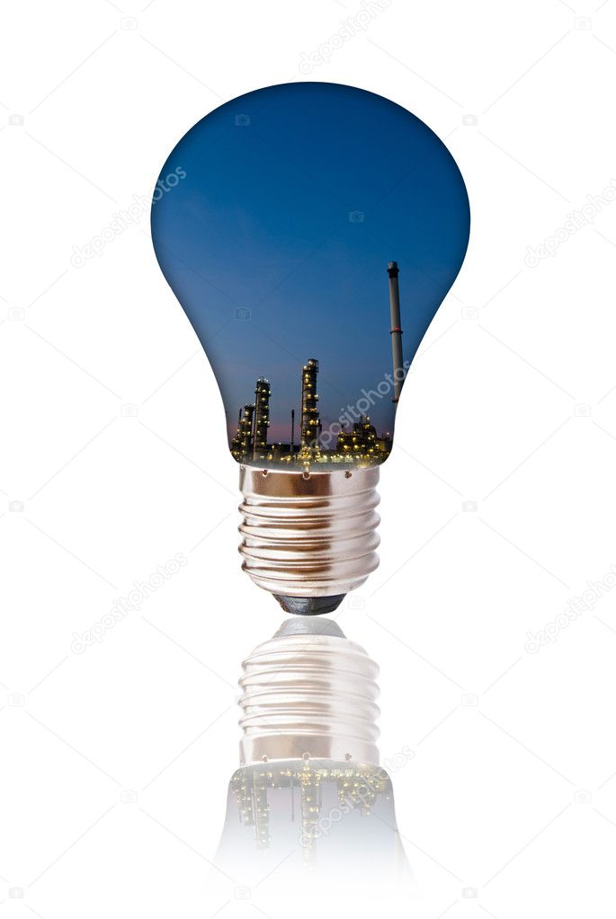 Reflection of petrochemical industry in light bulb isolated.