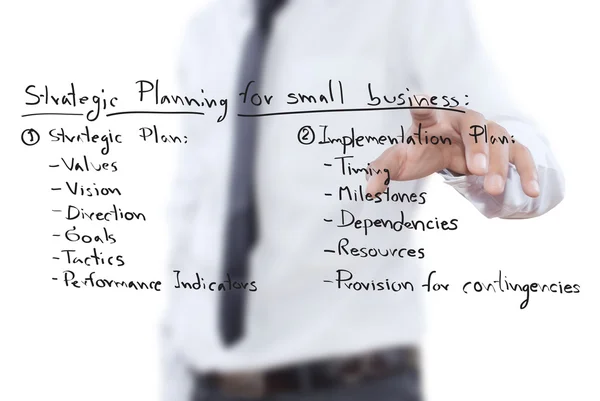 Empresario empujando la planificación estratégica del negocio en la pizarra blanca . —  Fotos de Stock