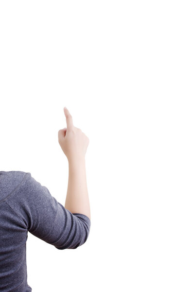 Business lady pushing on the whiteboard.