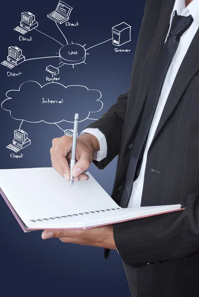 Empresário escrever no notebook com diagrama LAN no quadro branco . — Fotografia de Stock