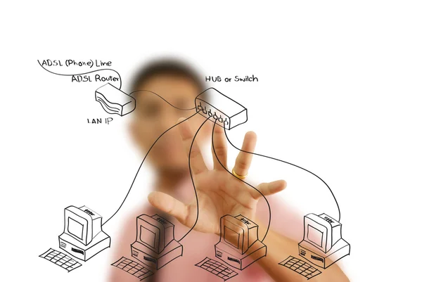 Empresário empurrando o diagrama LAN no quadro branco . — Fotografia de Stock