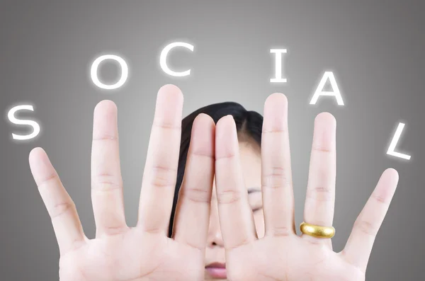 Dame vinger duwen sociale woord. — Stockfoto