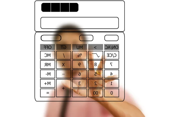 Empresario empujando calculadora en la pizarra blanca . — Foto de Stock