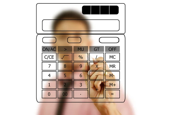 Empresário que escreve a calculadora na placa branca . — Fotografia de Stock