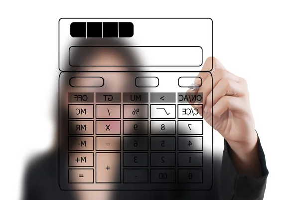 Business lady writing calculator on the white board. — Stock Photo, Image