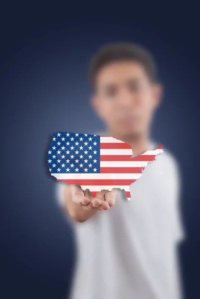 Empresario empujando mapa de la bandera de EE.UU. . —  Fotos de Stock