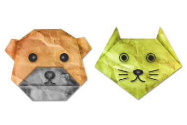 Vintage köpek ve kedi origami kağıt.