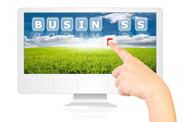 Hand pushing Business word on monitor screen. — Stockfoto