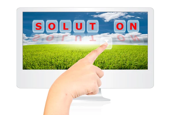 Hand pushing Solution word on monitor screen. — Stock Photo, Image