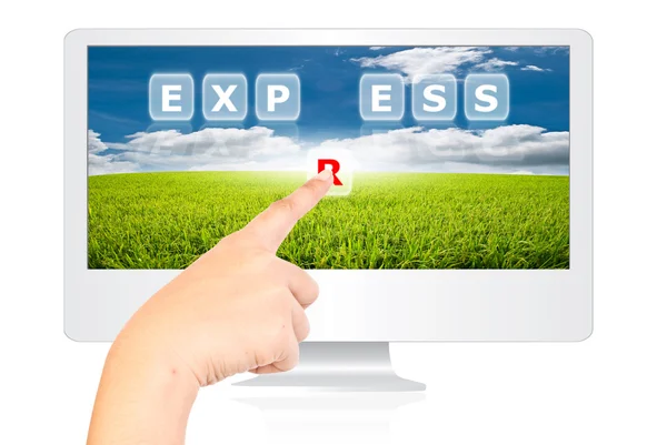 Mano empujando Express palabra en la pantalla del monitor . — Foto de Stock