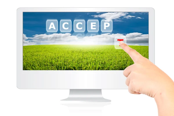 Hand pushing Accept word on monitor screen. — Stock Photo, Image