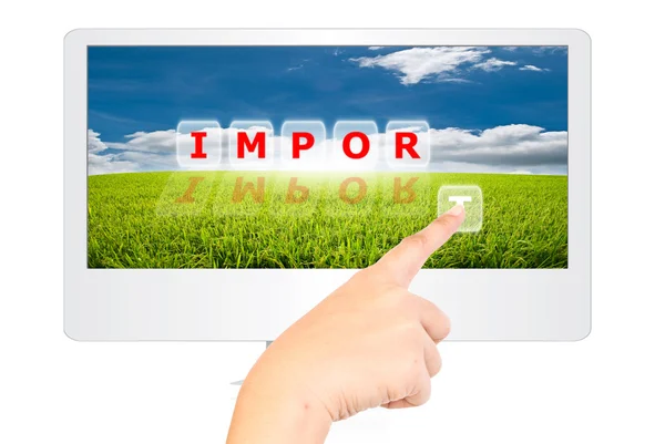 Hand pushing Import word on monitor screen. — Stock Photo, Image