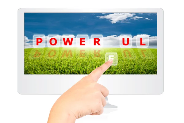 Hand pushing Powerful word on monitor screen. — Stock Photo, Image