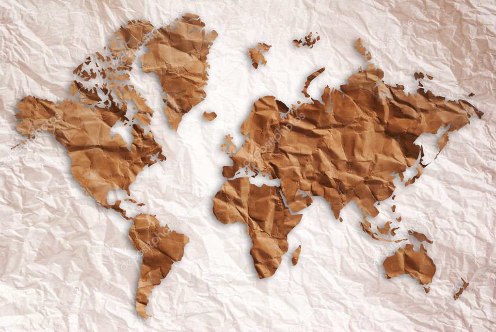 World map carving on the vintage paper.