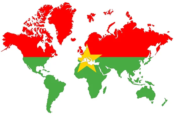 世界地图背景与布基纳法索旗子隔离. — 图库照片