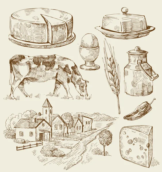 Bosquejo de casas de pueblo con comida — Archivo Imágenes Vectoriales