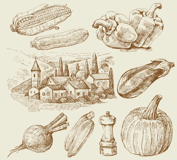 Сельские дома эскиз с едой — стоковый вектор