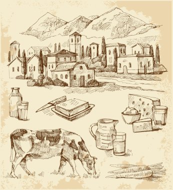 Village houses sketch with food clipart