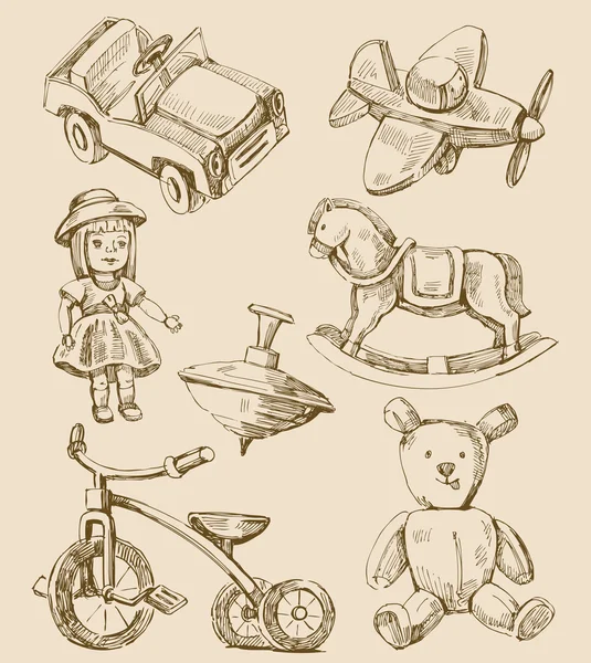 Collezione di giocattoli vintage disegnati a mano — Vettoriale Stock