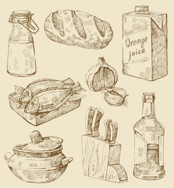 Juego de cocina dibujado a mano — Archivo Imágenes Vectoriales