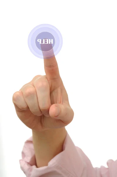 Empresário apertando um botão de ajuda na tela sensível ao toque — Fotografia de Stock