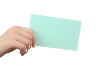 Boş ışık mavi kartvizit bir kadının elinde
