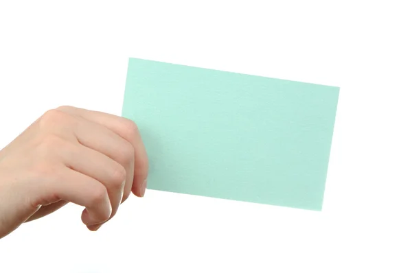 Empty light blue business card in a woman's hand — Stock Photo, Image
