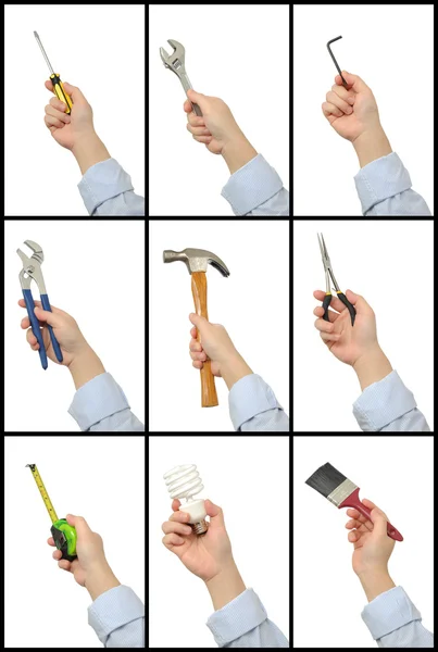 Conjunto de mãos com ferramentas — Fotografia de Stock