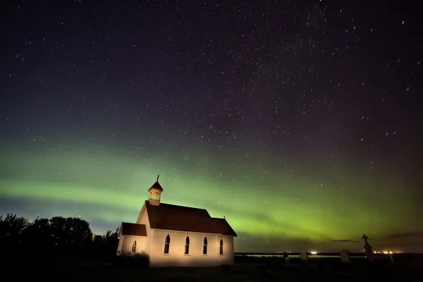 Luci del Nord Saskatchewan Canada Chiesa — Foto Stock