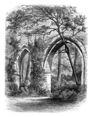 Cloister of the Abbey of Vaux Cernay, France vintage engraving. clipart