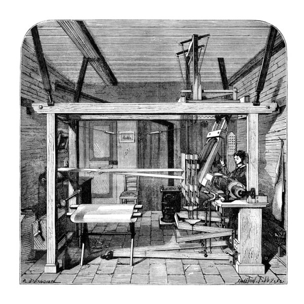 Weaving workshop in Lyon. - Drawing Jahandier, after Victor Grilat, vintage engraved illustration. Magasin Pittoresque 1875.