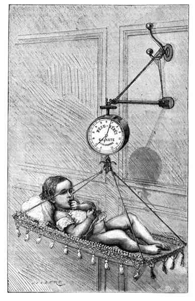 Baby Scale by Dr. Bouchut, vintage engraving. — Stock Photo, Image