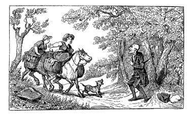 Dr. Syntax tied with a rope and two horseback village women appr clipart