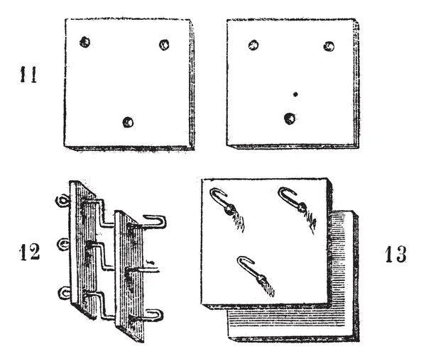 Fig. 11, 12, 13. draaiende machine paardenhaar, vintage gravure. — Stockvector
