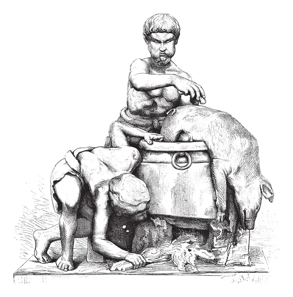 Museu de Nápoles (SCUD). Dois homens que descascam um javali morto, mármore gr — Vetor de Stock