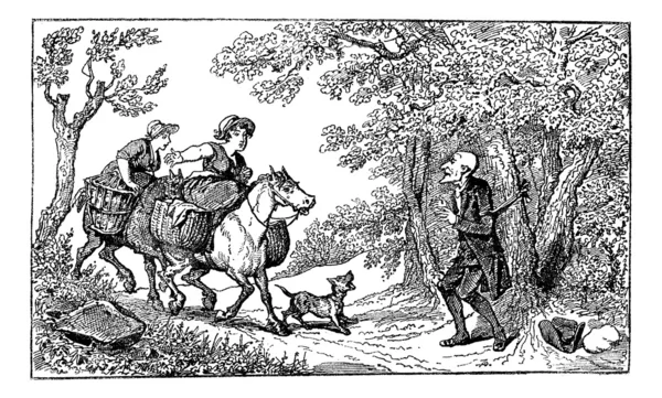 Dr. Syntax amarrado com uma corda e duas mulheres aldeia cavalo appr — Vetor de Stock