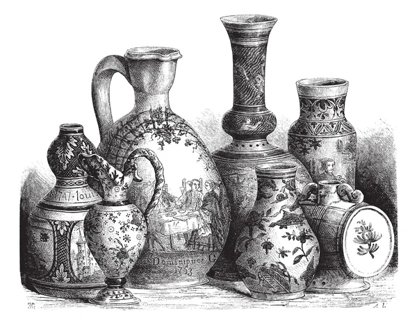 讷韦尔彩陶 (锡釉陶器) 办学的各种陶器 — 图库矢量图片