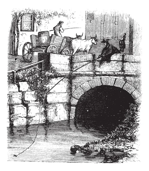 Fig. 76. Pesca a mosca da un ponte, incisione vintage . — Vettoriale Stock